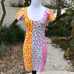 Colorblock Leopard Scoop Neck Mini Dress in Yellow, Mint & Pink